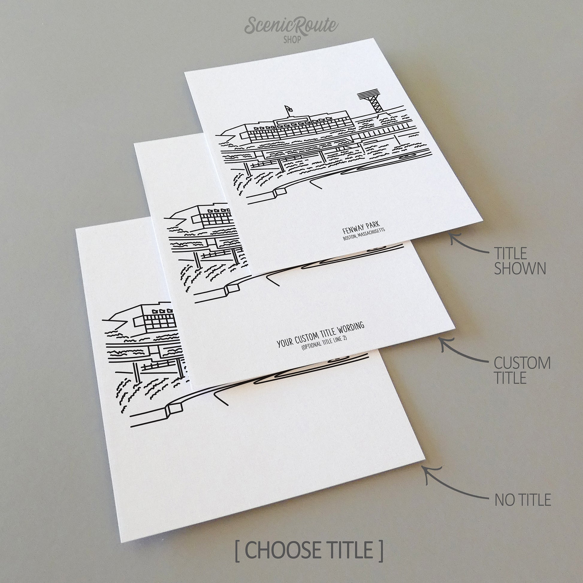 Three line art drawings of Boston Fenway Park on white linen paper with a gray background.  The pieces are shown with title options that can be chosen and personalized.