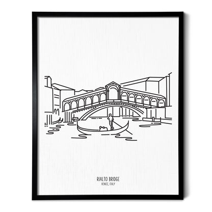 Custom line art drawings of the Rialto Bridge over the Grand Canal in Venice Italy on white linen paper in a thin black picture frames