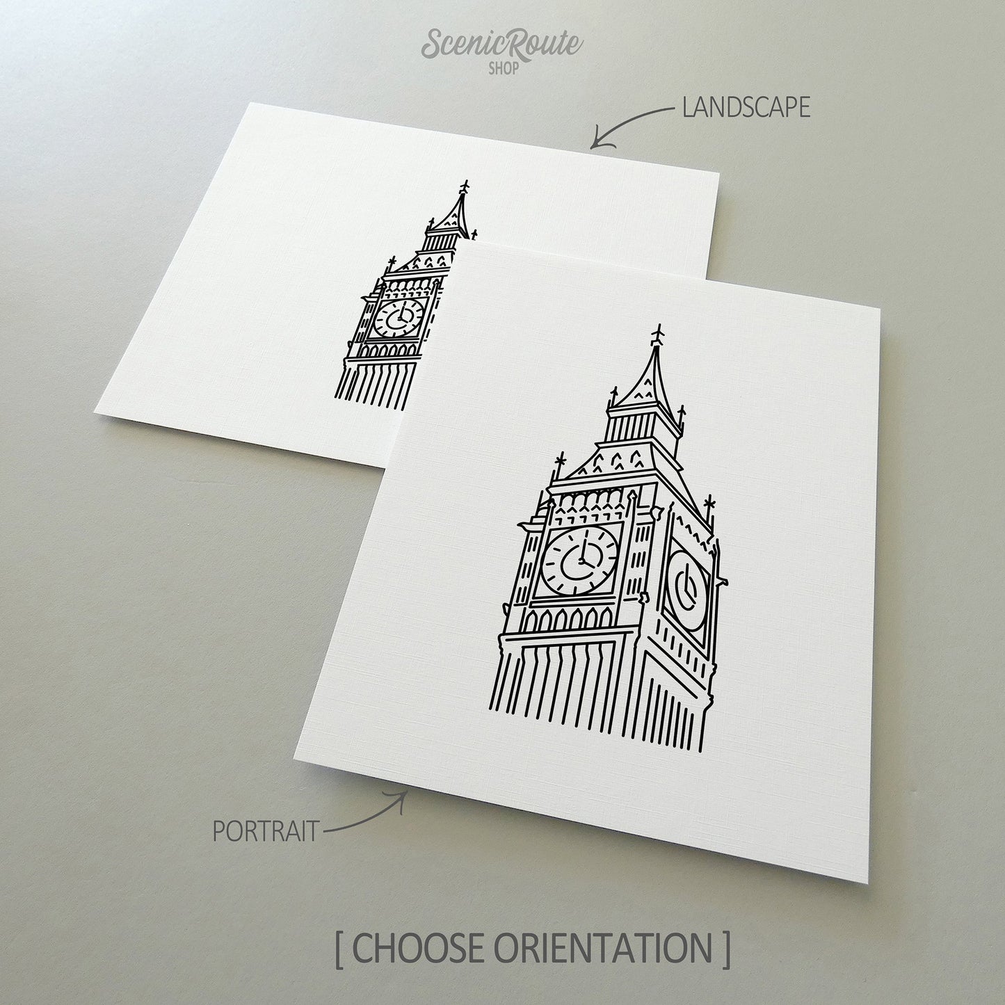 Two line art drawings of Big Ben on white linen paper with a gray background.  The pieces are shown in portrait and landscape orientation for the available art print options.
