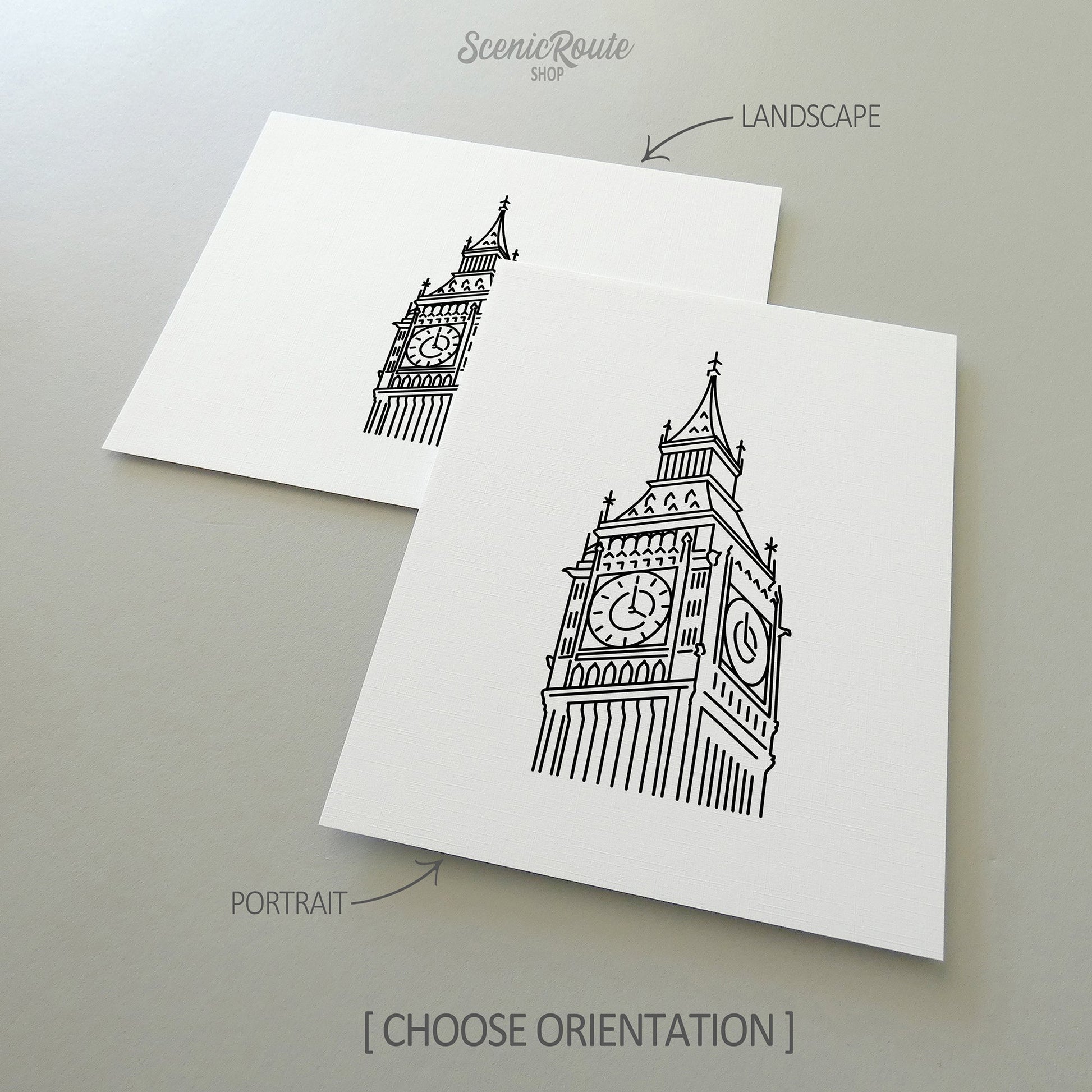 Two line art drawings of Big Ben on white linen paper with a gray background.  The pieces are shown in portrait and landscape orientation for the available art print options.
