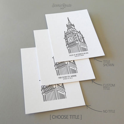 Three line art drawings of Big Ben of Westminster Palace in England on white linen paper with a gray background.  The pieces are shown with title options that can be chosen and personalized.