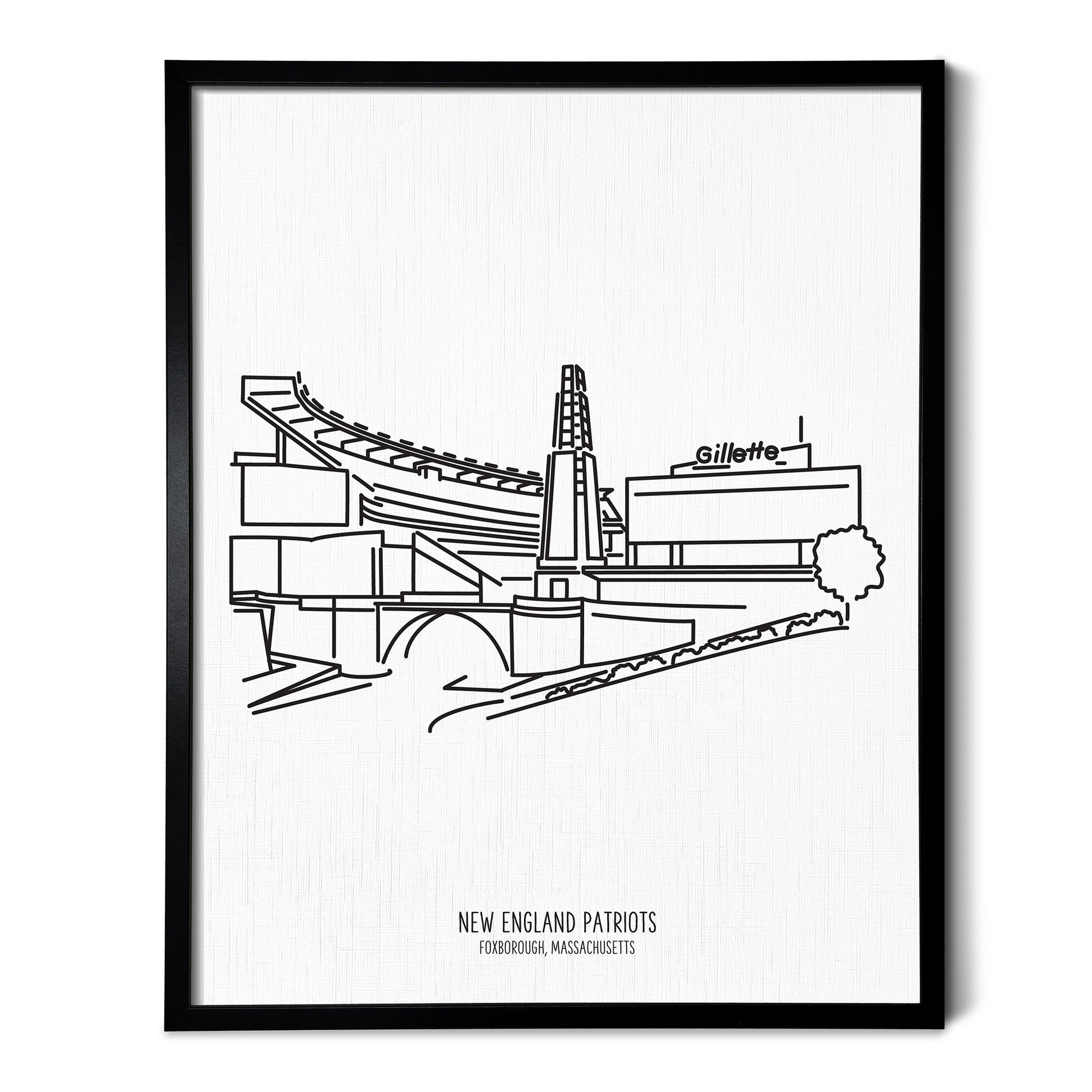 Custom line art drawings of the New England Patriots Stadium on white linen paper in a thin black picture frames