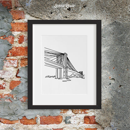 A framed line art drawing of the Brooklyn Bridge