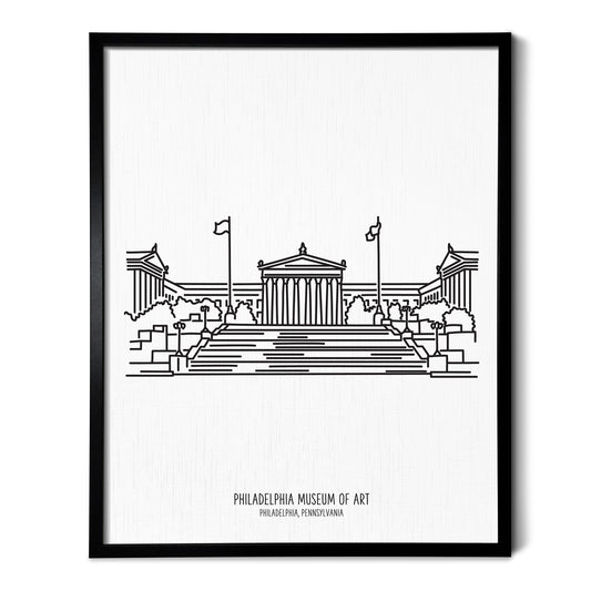 Custom line art drawings of the Philadelphia Museum of Art on white linen paper in a thin black picture frames