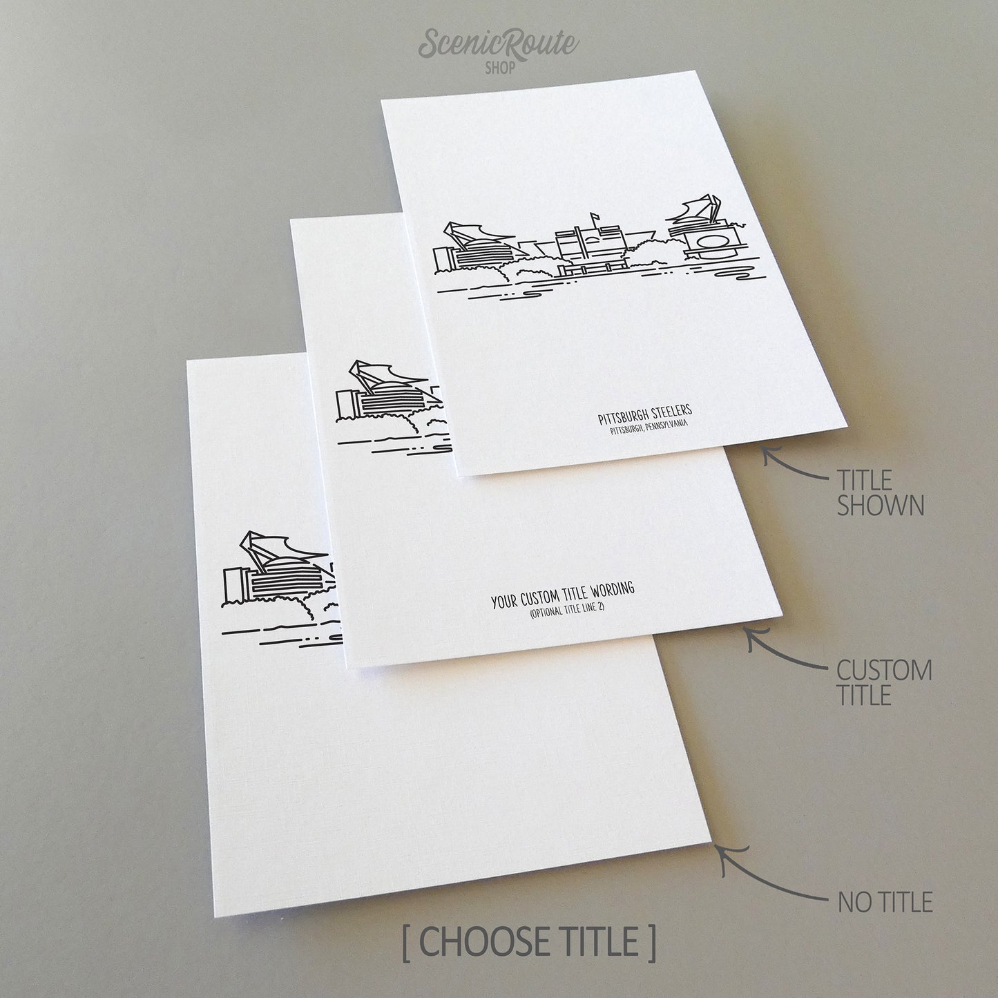 Three line art drawings of Pittsburgh Steelers Stadium in Pennsylvania on white linen paper with a gray background.  The pieces are shown with title options that can be chosen and personalized.