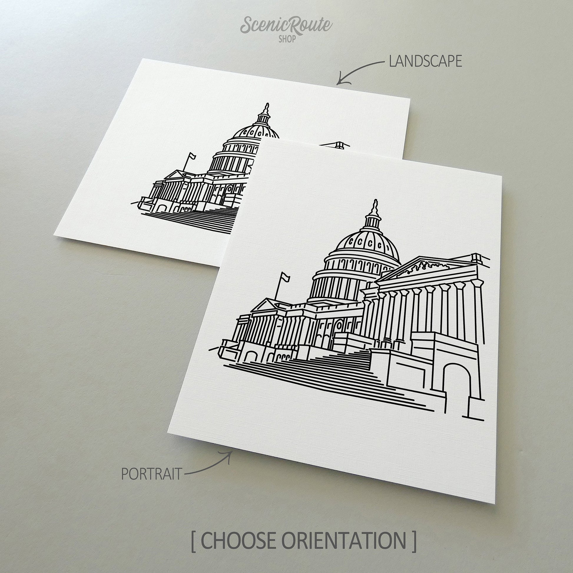 Two line art drawings of the Capitol on white linen paper with a gray background.  The pieces are shown in portrait and landscape orientation for the available art print options.