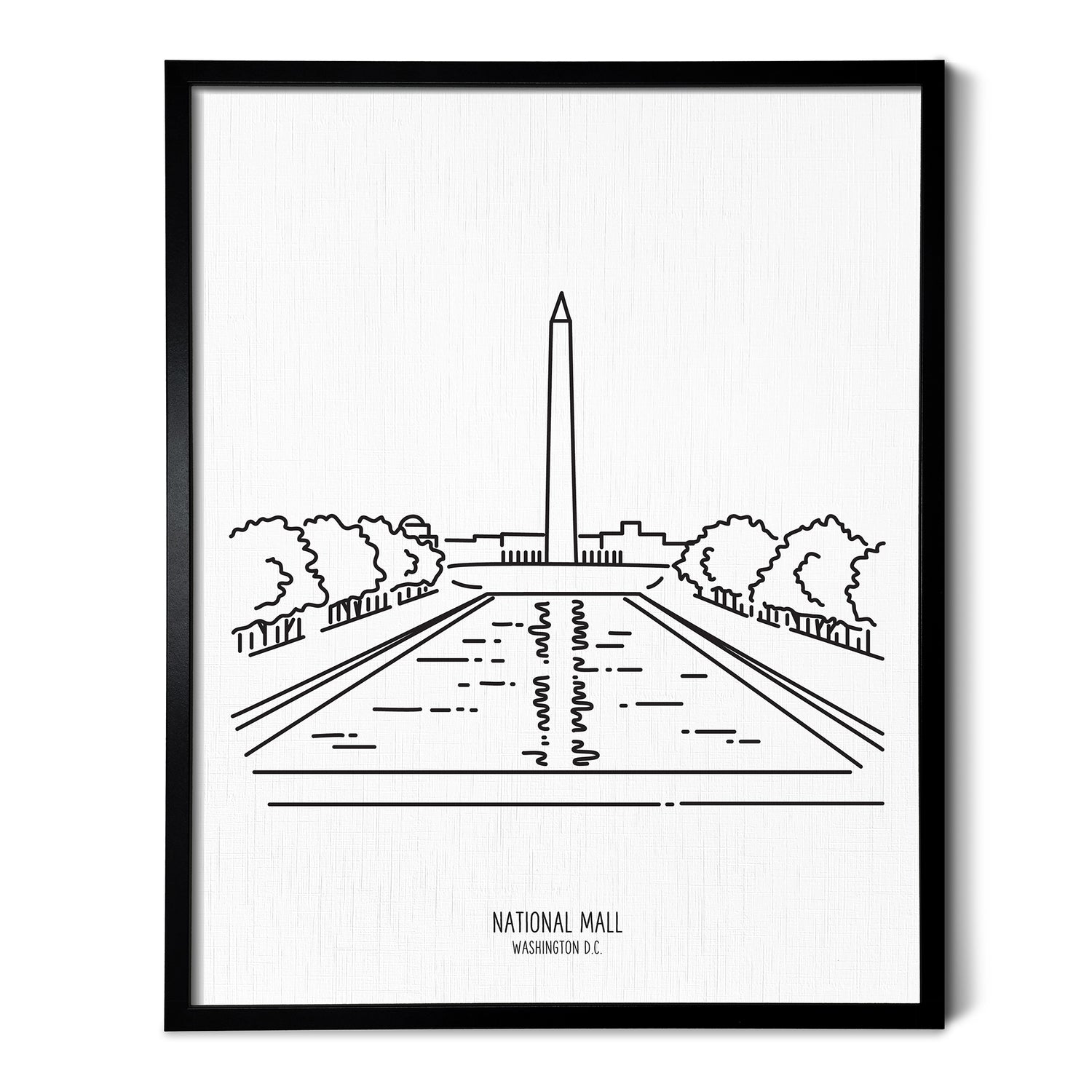 Custom line art drawings of the National Mall in Washington DC on white linen paper in a thin black picture frames