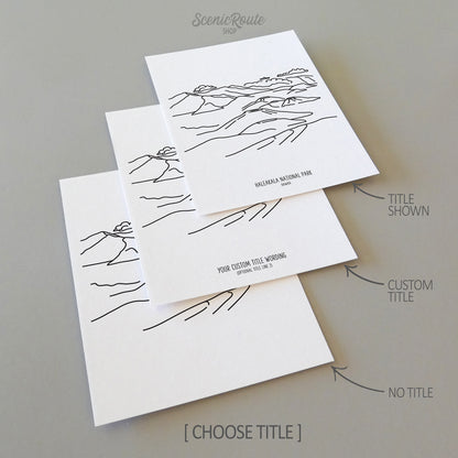 Three line art drawings of Haleakala National Park on white linen paper with a gray background. The pieces are shown with title options that can be chosen and personalized.