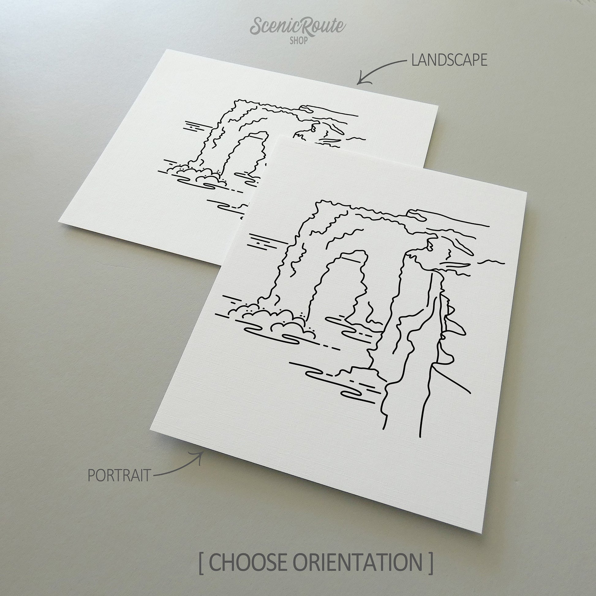 Two line art drawings of Hawaii Volcanoes National Park on white linen paper with a gray background.  The pieces are shown in portrait and landscape orientation for the available art print options.