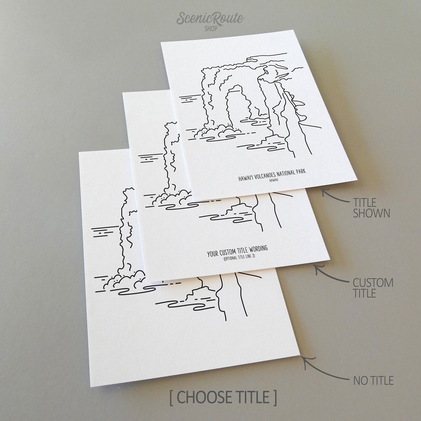 Three line art drawings of Hawaii Volcanoes National Park on white linen paper with a gray background. The pieces are shown with title options that can be chosen and personalized.