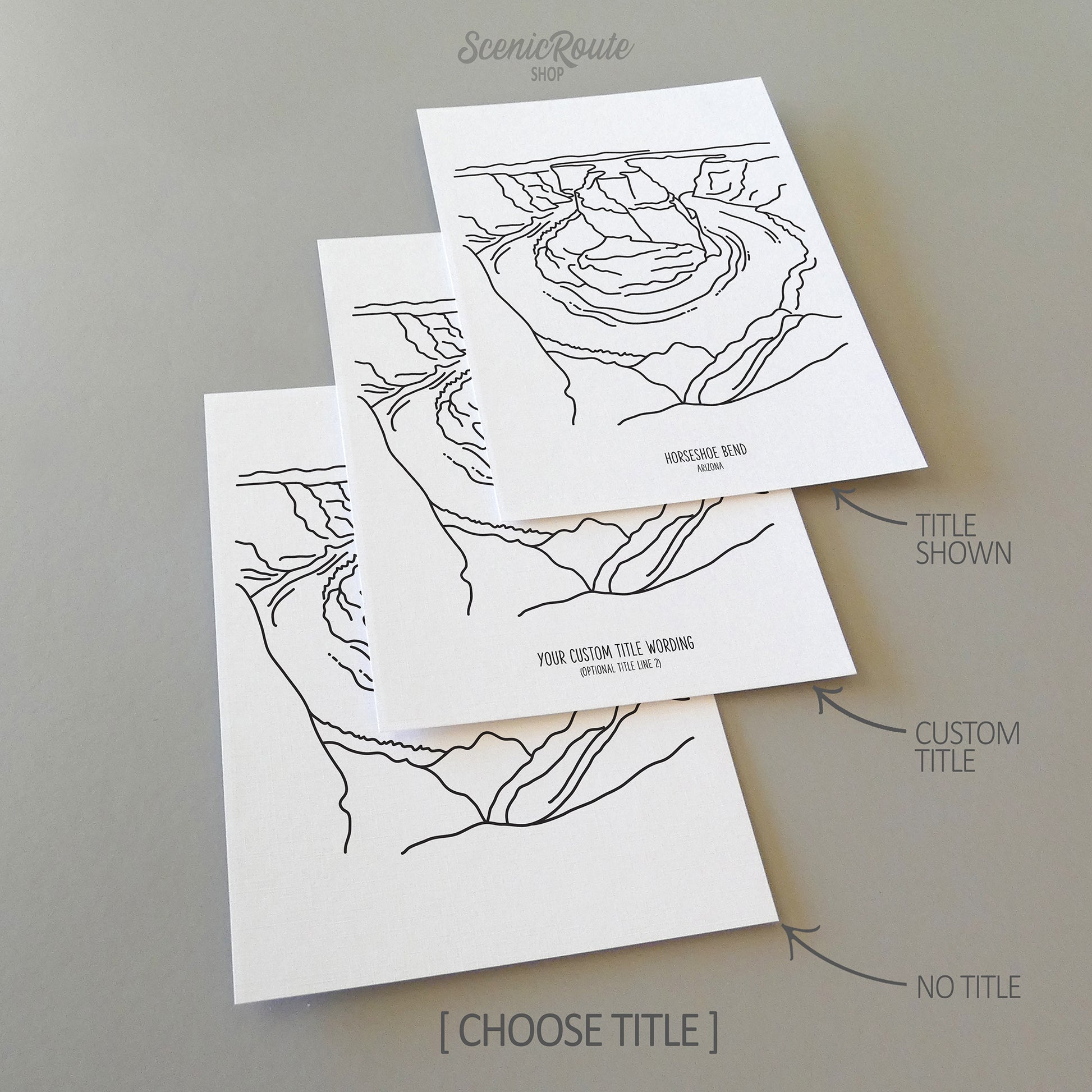 Three line art drawings of Horseshoe Bend Park on white linen paper with a gray background. The pieces are shown with title options that can be chosen and personalized.