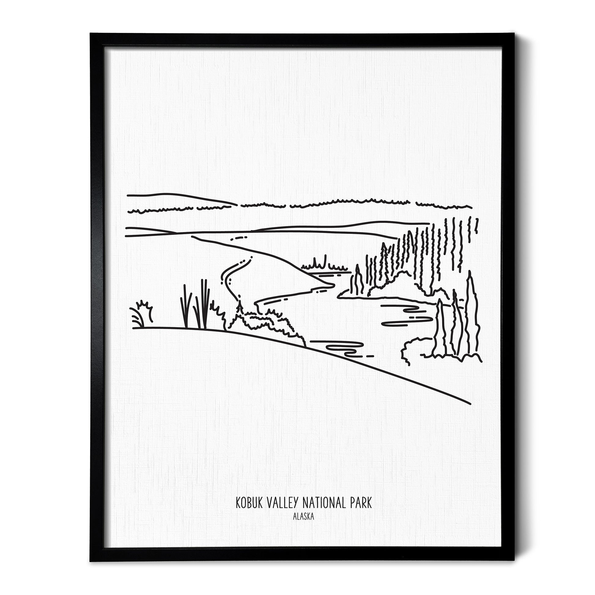 A line art drawing of Kobuk Valley National Park on white linen paper in a thin black picture frame