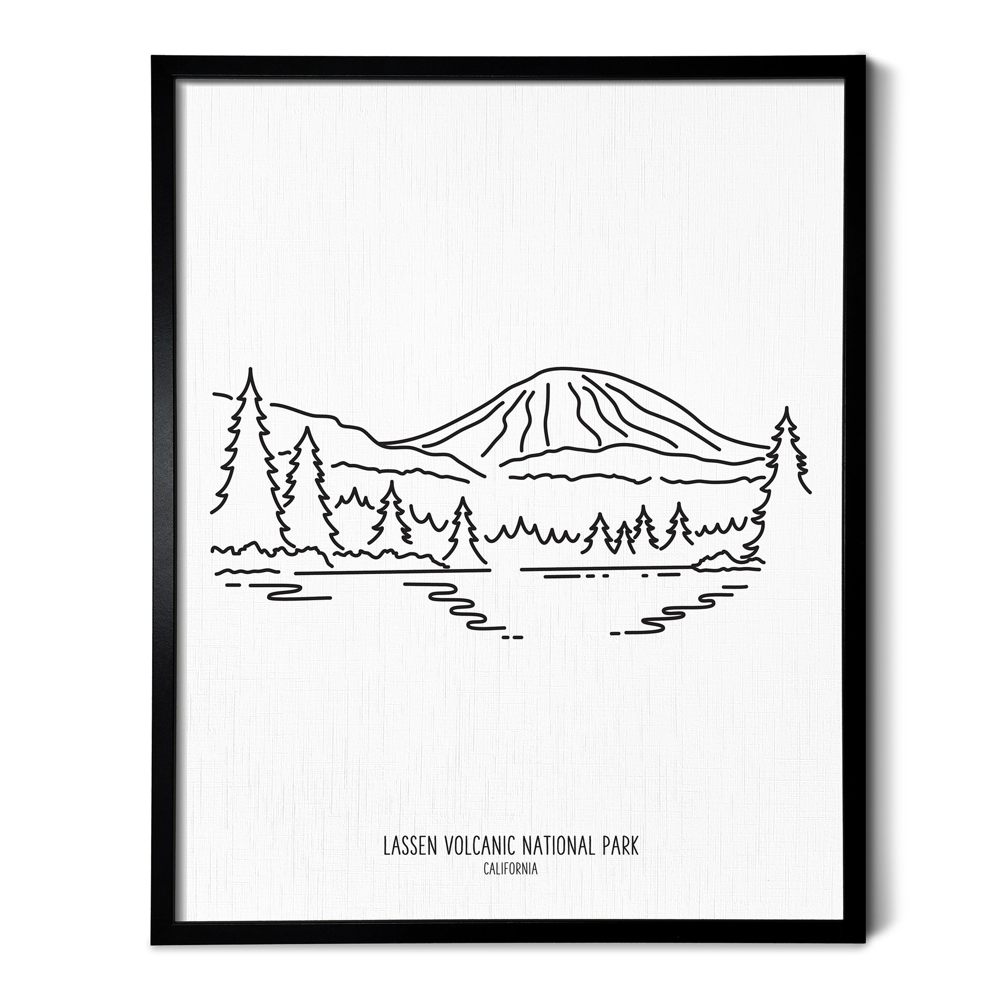 A line art drawing of Lassen Volcanic National Park on white linen paper in a thin black picture frame