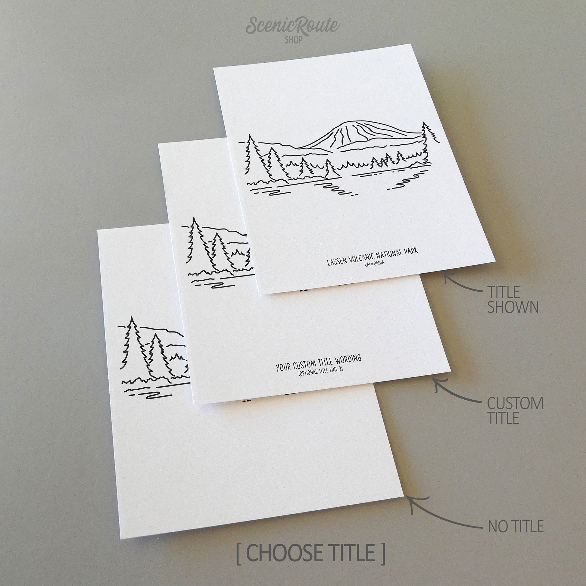 Three line art drawings of Lassen Volcanic National Park on white linen paper with a gray background. The pieces are shown with title options that can be chosen and personalized.