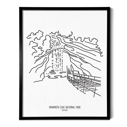 A line art drawing of Mammoth Cave National Park on white linen paper in a thin black picture frame