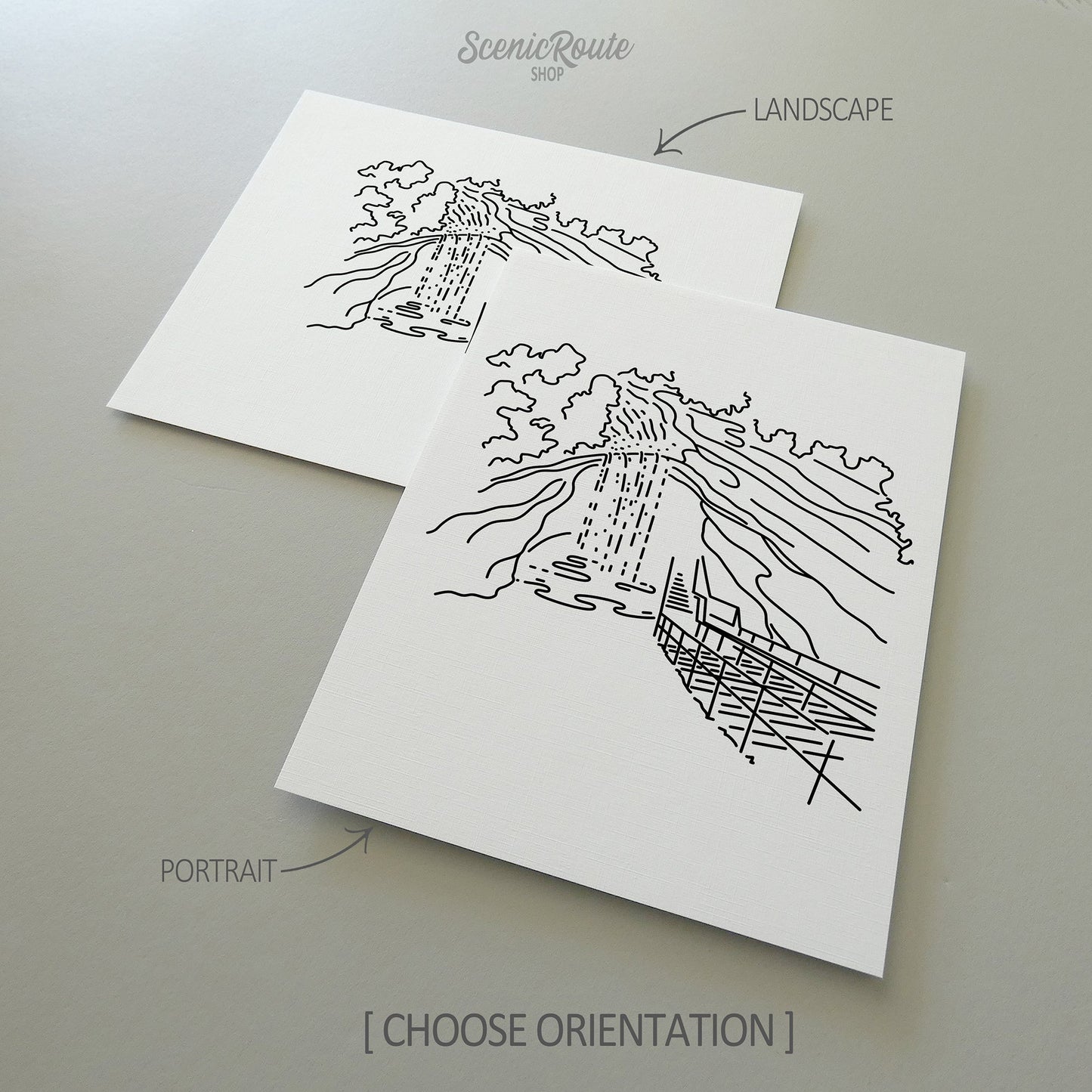 Two line art drawings of Mammoth Cave National Park on white linen paper with a gray background.  The pieces are shown in portrait and landscape orientation for the available art print options.