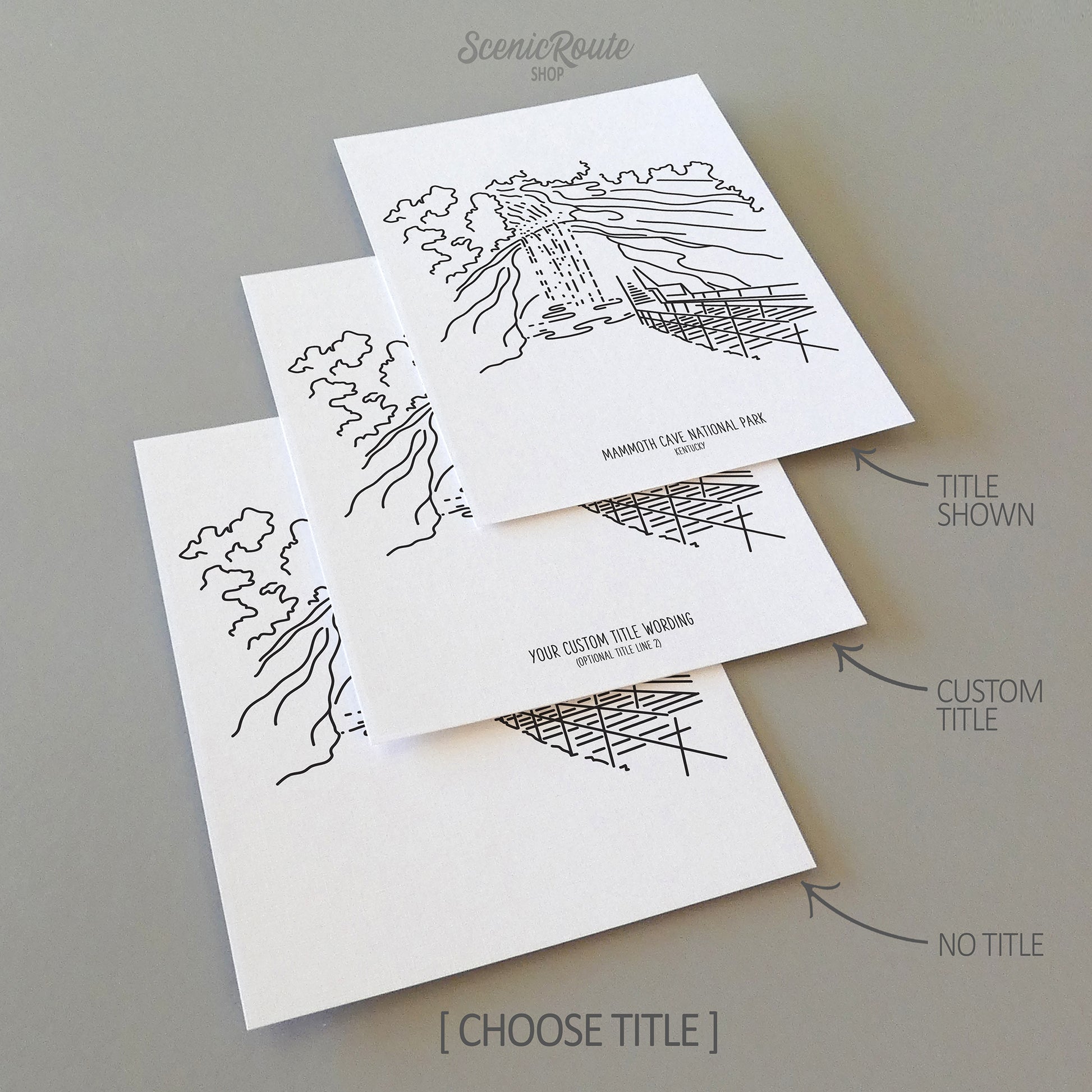 Three line art drawings of Mammoth Cave National Park on white linen paper with a gray background. The pieces are shown with title options that can be chosen and personalized.