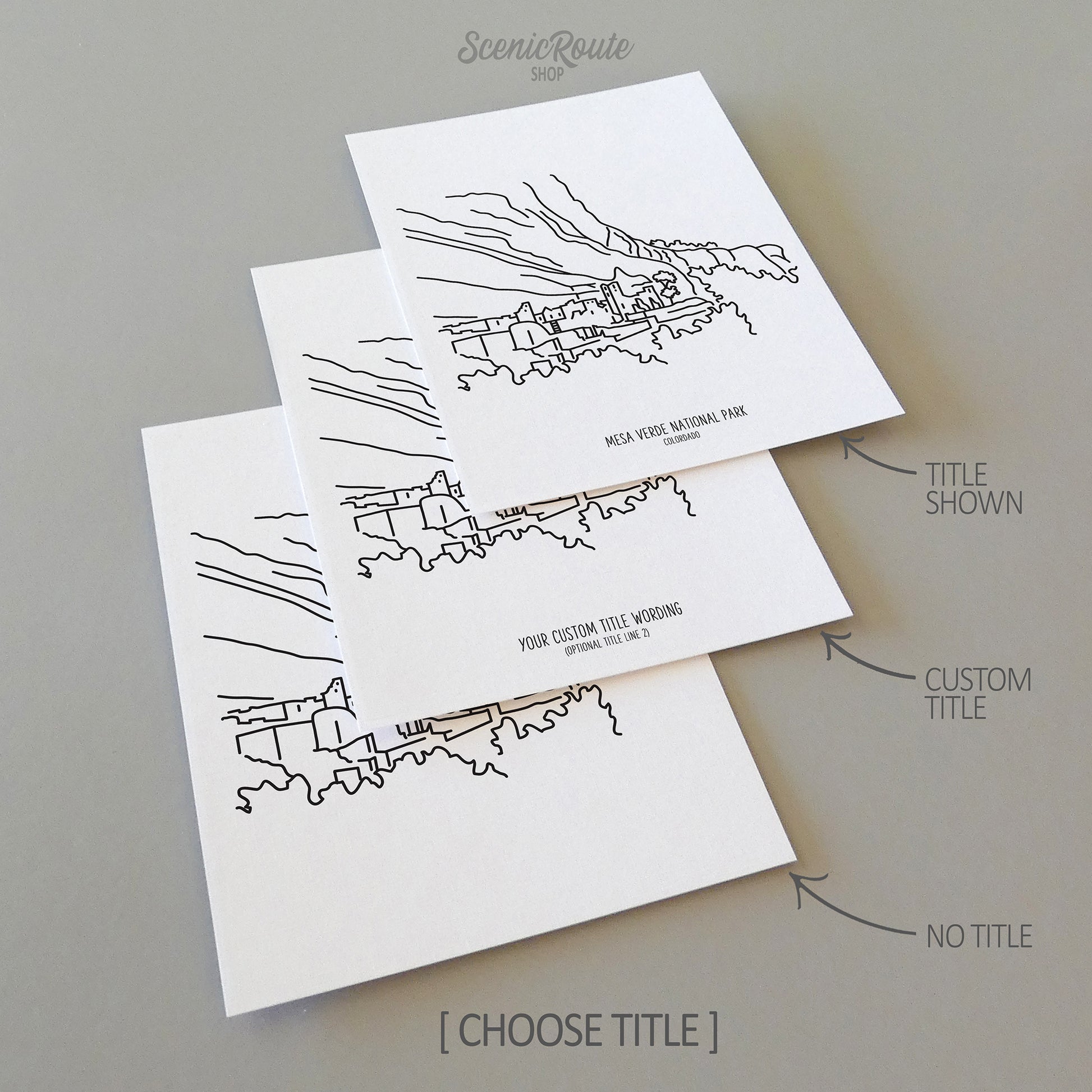 Three line art drawings of Mesa Verde National Park on white linen paper with a gray background. The pieces are shown with title options that can be chosen and personalized.