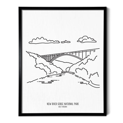 A line art drawing of New River Gorge National Park on white linen paper in a thin black picture frame