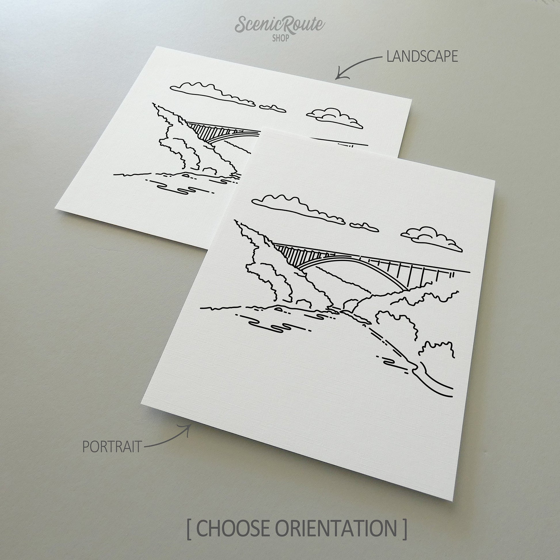 Two line art drawings of New River Gorge National Park on white linen paper with a gray background.  The pieces are shown in portrait and landscape orientation for the available art print options.