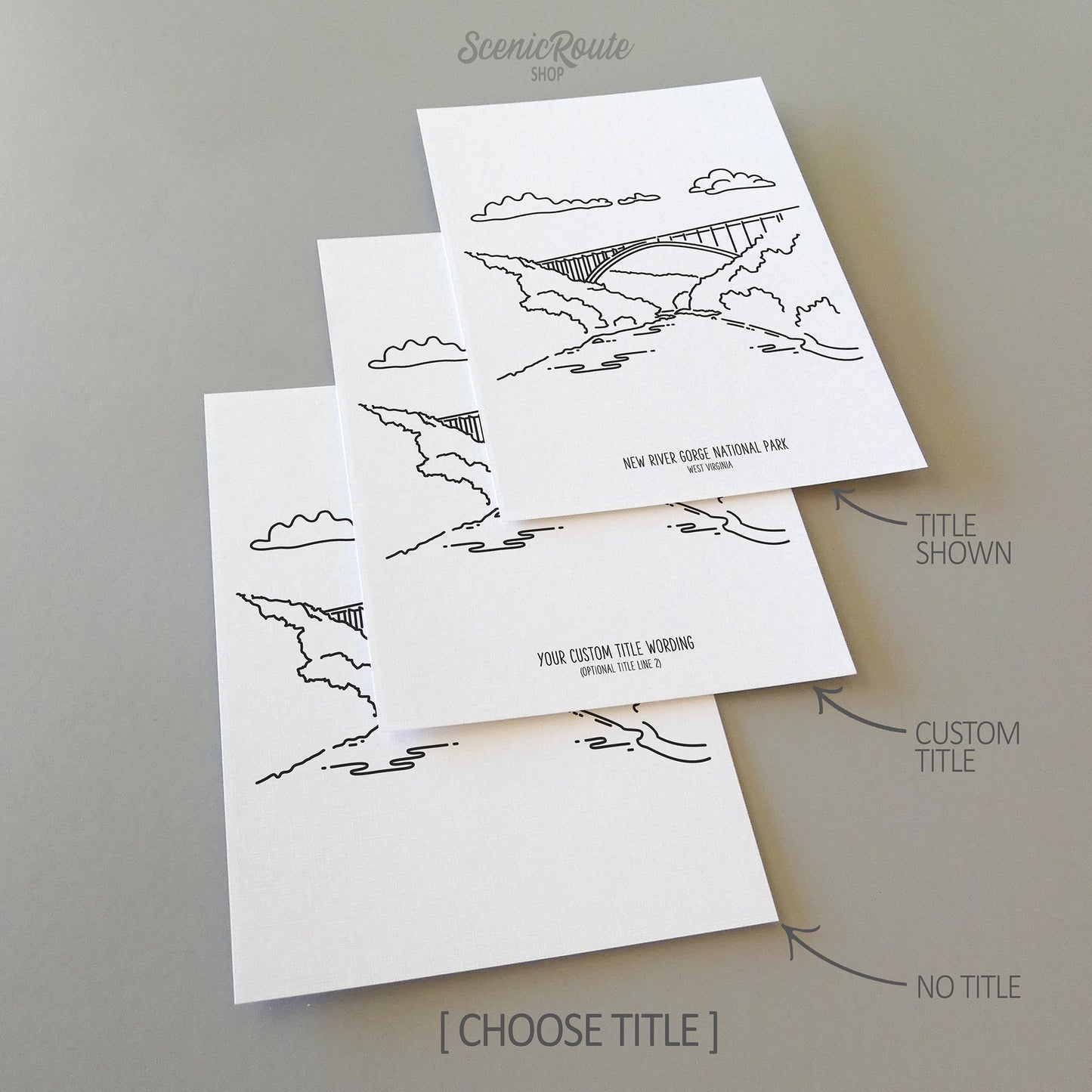 Three line art drawings of New River Gorge National Park on white linen paper with a gray background. The pieces are shown with title options that can be chosen and personalized.