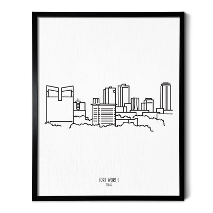 A line art drawing of the Fort Worth Texas Skyline on white linen paper in a thin black picture frame