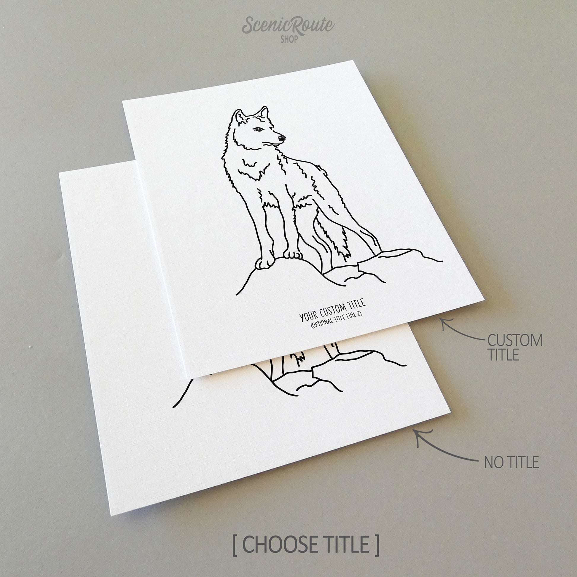 Two line art drawings of a Wolf on white linen paper with a gray background.  The pieces are shown with “No Title” and “Custom Title” options for the available art print options.