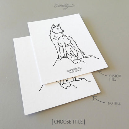 Two line art drawings of a Wolf on white linen paper with a gray background.  The pieces are shown with “No Title” and “Custom Title” options for the available art print options.